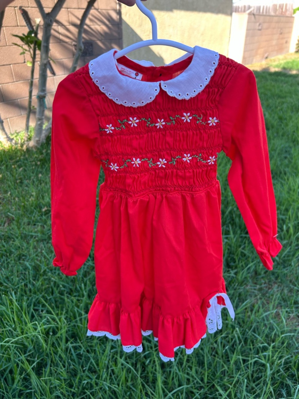 Vintage Girls Red Long-Sleeve Smocked Dress with Peter Pan Collar